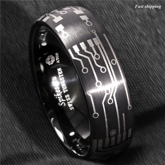 Men's Wedding Band - Dome Brushed Black Laser Circuit Board Ring for Men - Picture 2 of 5